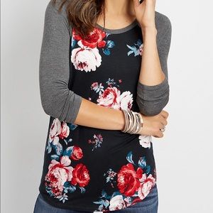 Gray and soft black floral baseball tee with 3/4 sleeves